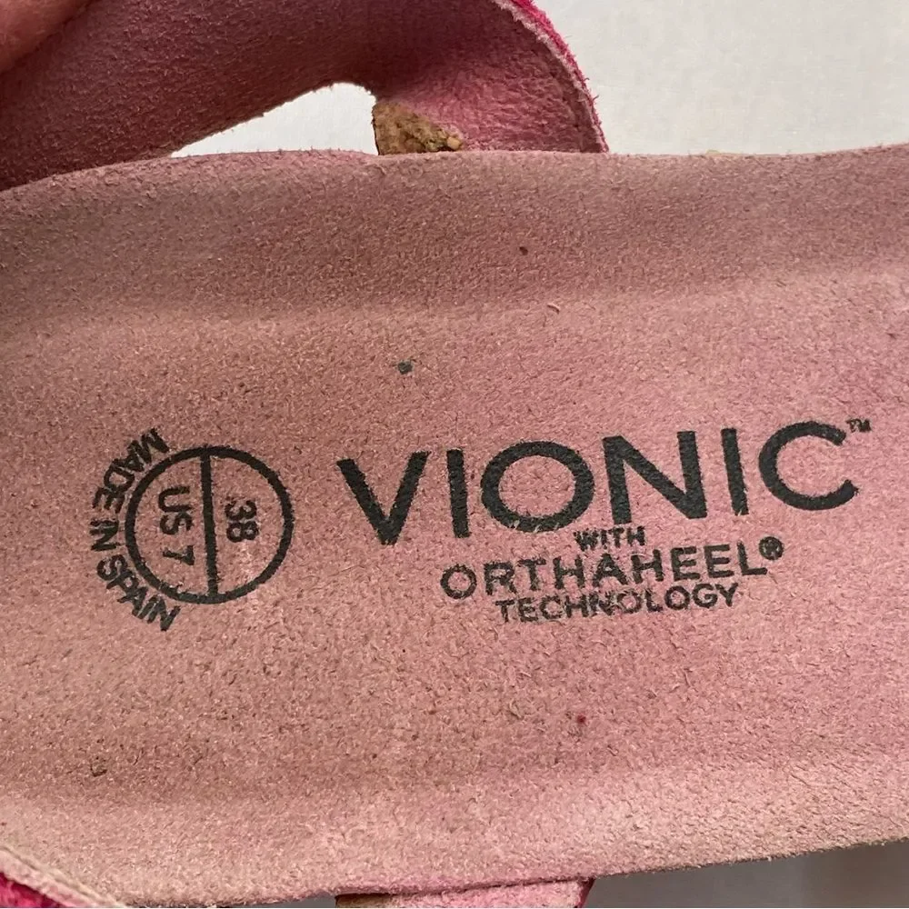 Vionic Pink Orthaheel Floral Strappy Leather Cork Wedge Heeled Sandals Size 7